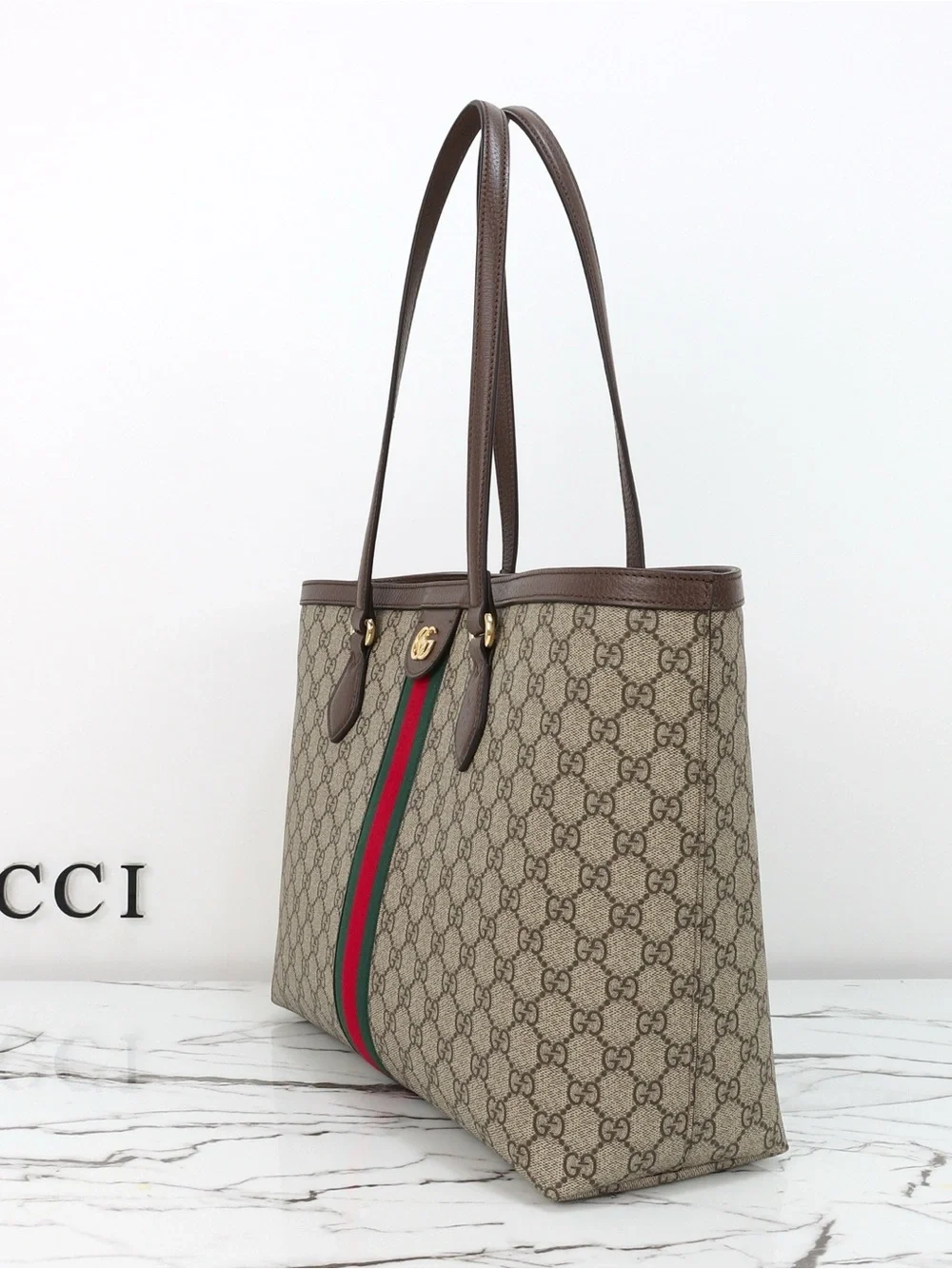 Gucci Beige Brown Monogram Tote with Green-Red Web